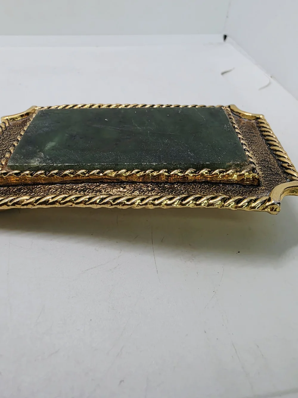 Vintage Gold Tone Western Belt Buckle Nephrite Jade Stone Slab Rope Edge Frame